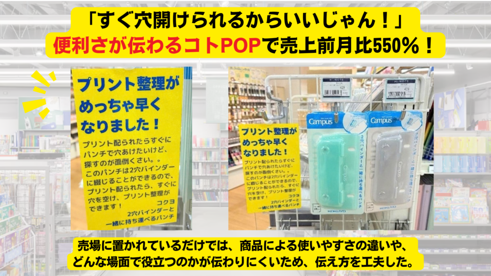 「すぐ穴開けられるからいいじゃん！」便利さが伝わるコトPOPで売上前月比550％！